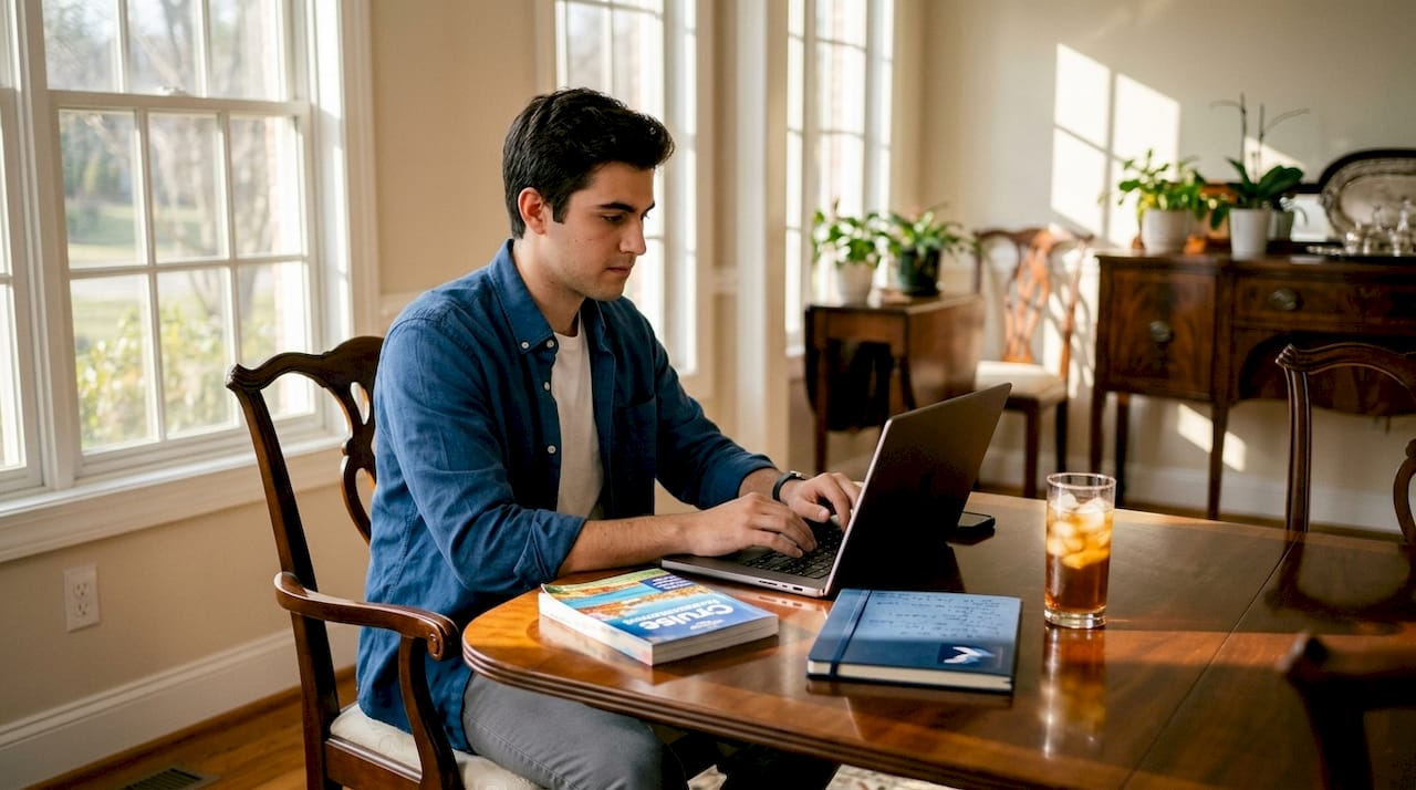 Man booking cruise trip on laptop