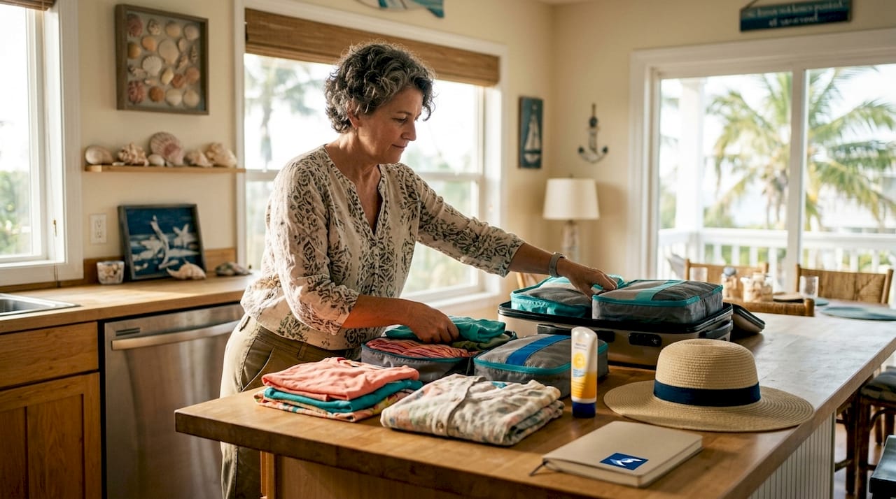 Woman packing suitcase in beach house