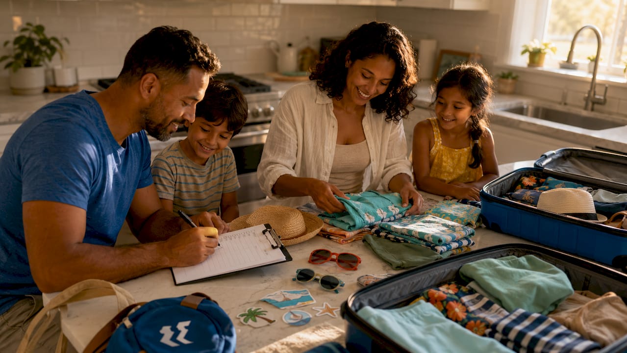 Family packing for a cruise trip at home