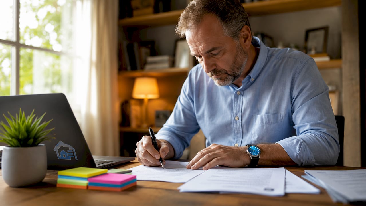 Landlord reviewing disclosure documents at kitchen table