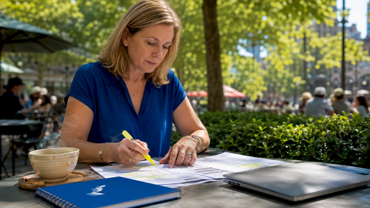 Woman reviewing cruise budget papers at home table