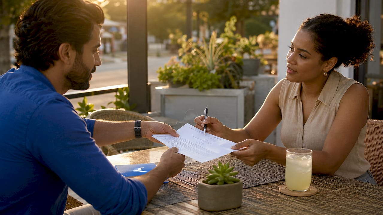 Close-up handshake with cruise port fee invoice at cafe