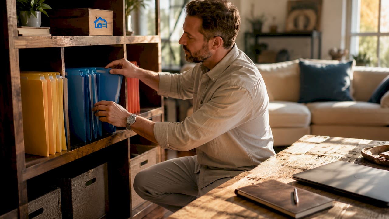 Landlord organizing tenant file folders