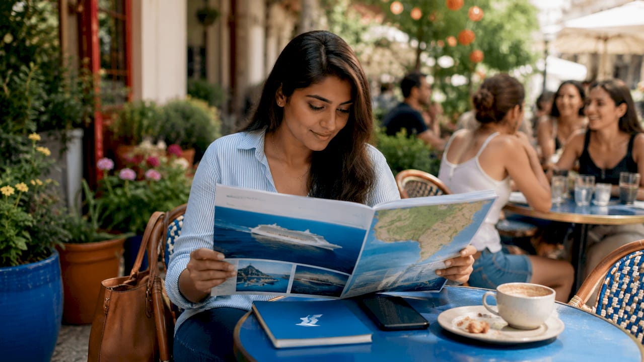 Woman reviewing cruise brochures in café