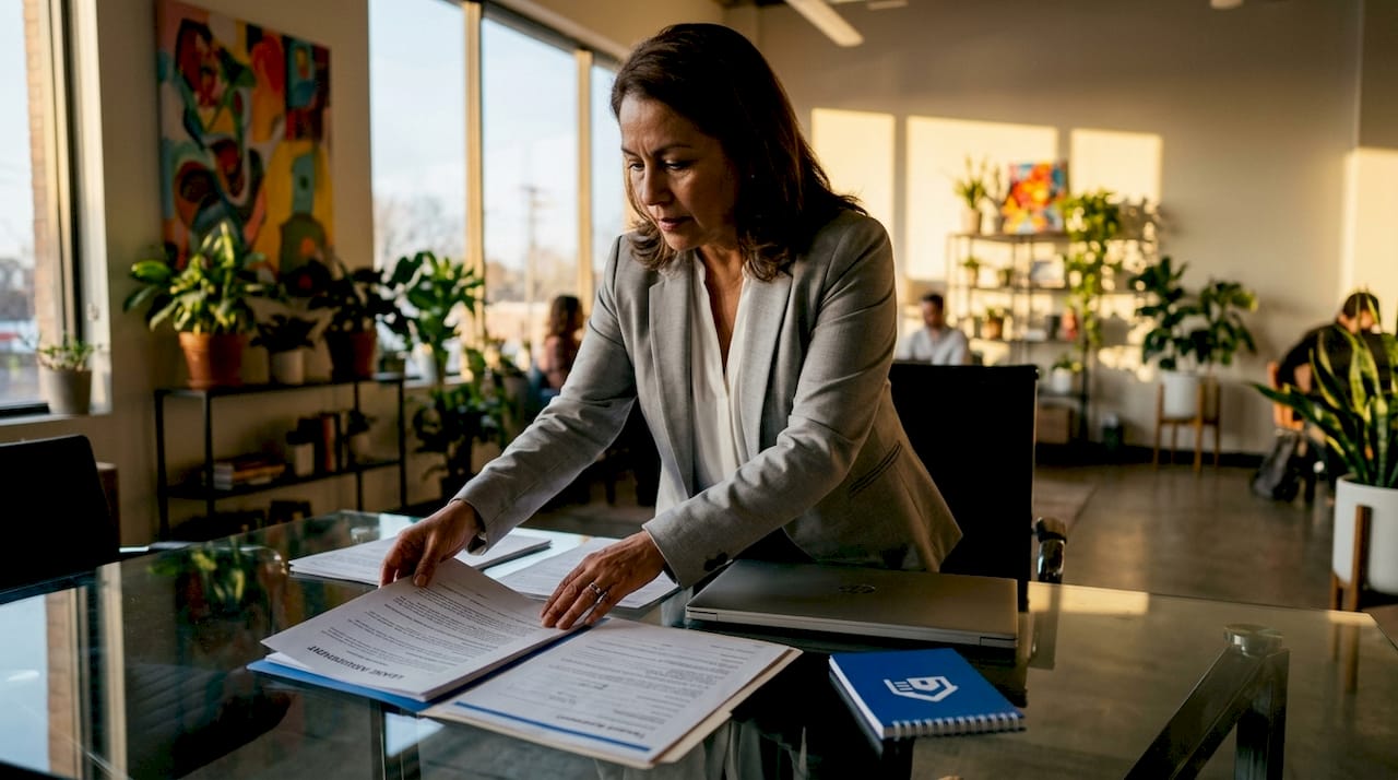 Property manager organizing lease paperwork