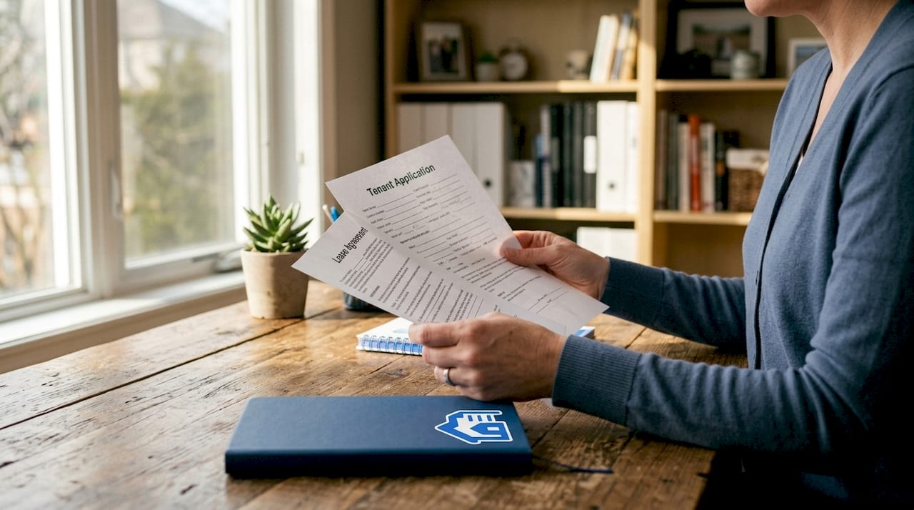 Hands holding tenant application and lease agreement