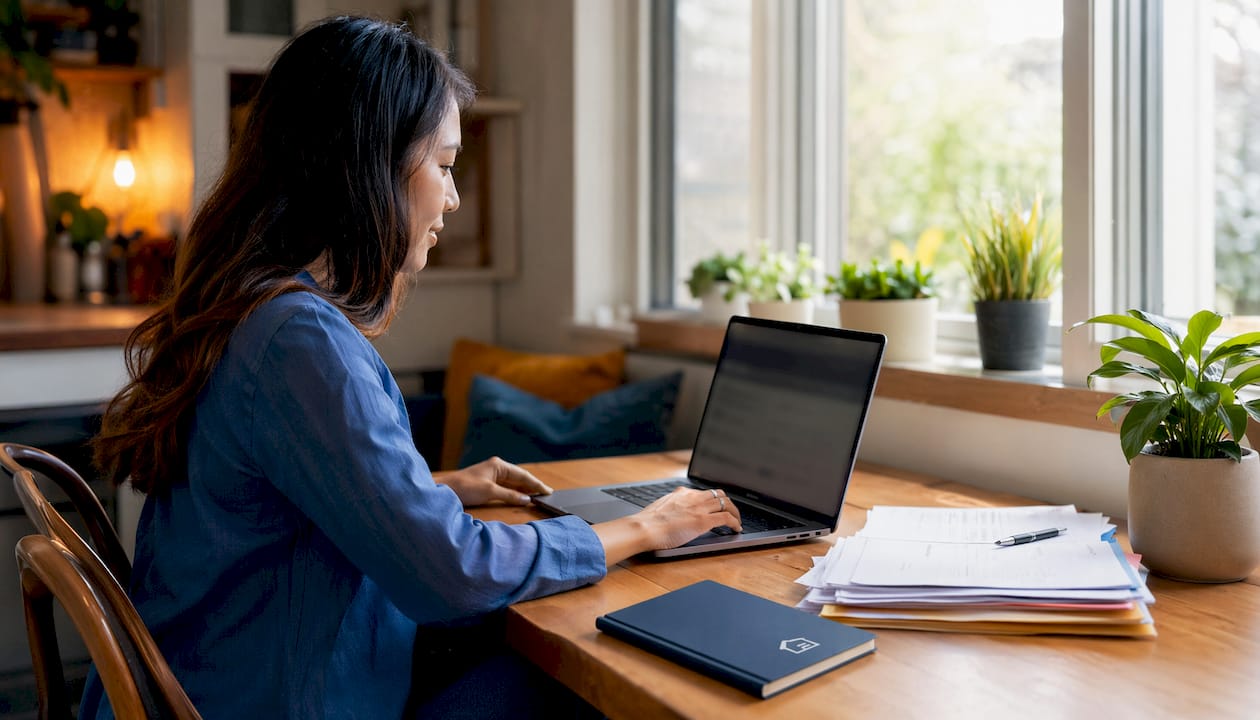 Woman using digital landlord dashboard at home