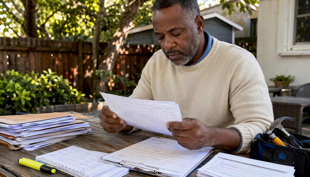 Landlord sorting rental paperwork at table
