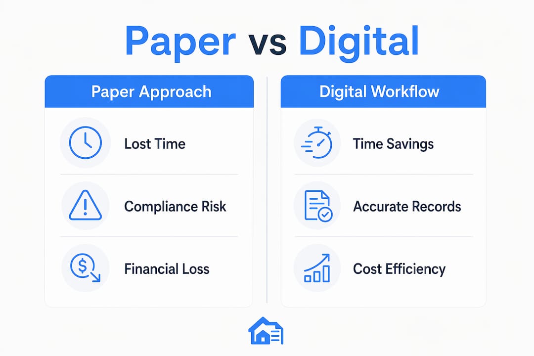 Infographic comparing paper and digital landlord workflows