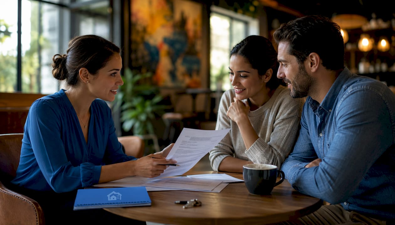 Property manager explaining terms to tenants in apartment