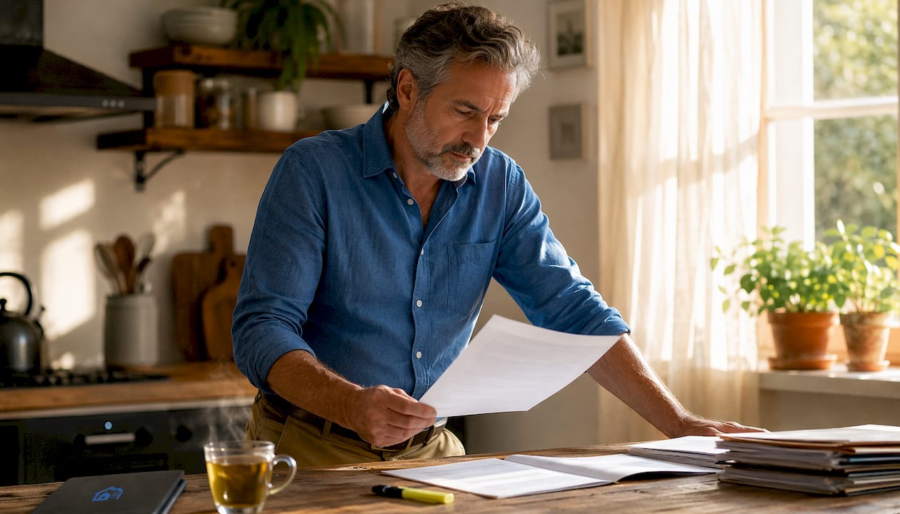 Landlord reading occupancy agreement at home desk