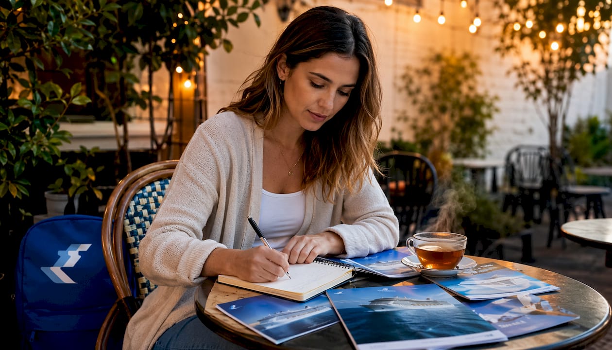 Woman planning cruise itinerary at home table