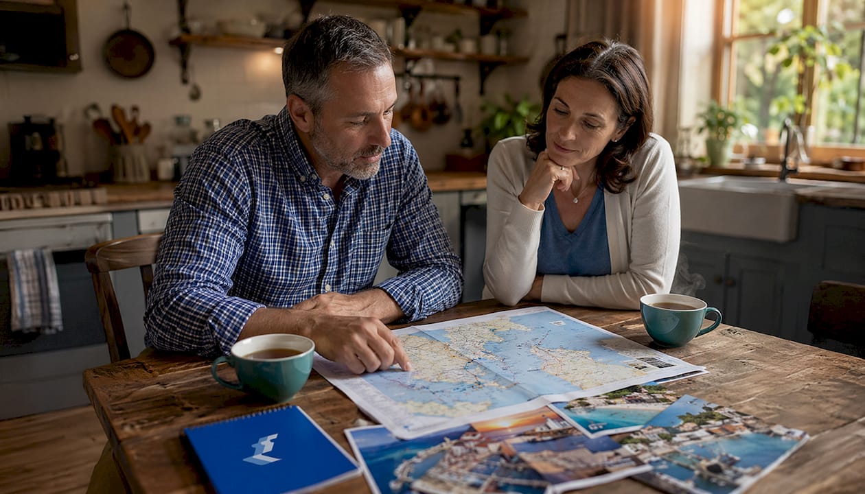 Couple reviewing cruise port map in cafe