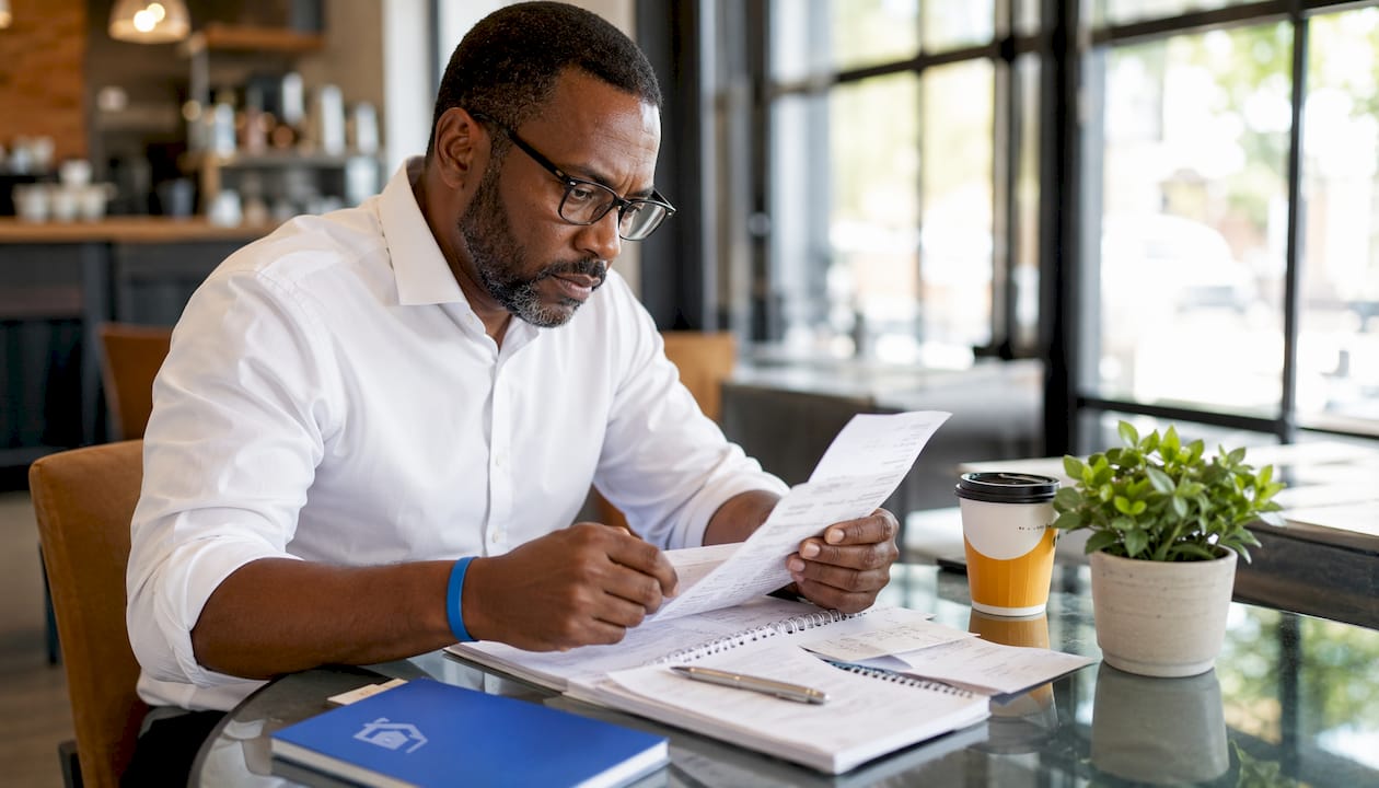 Landlord reviewing rental payment records at desk