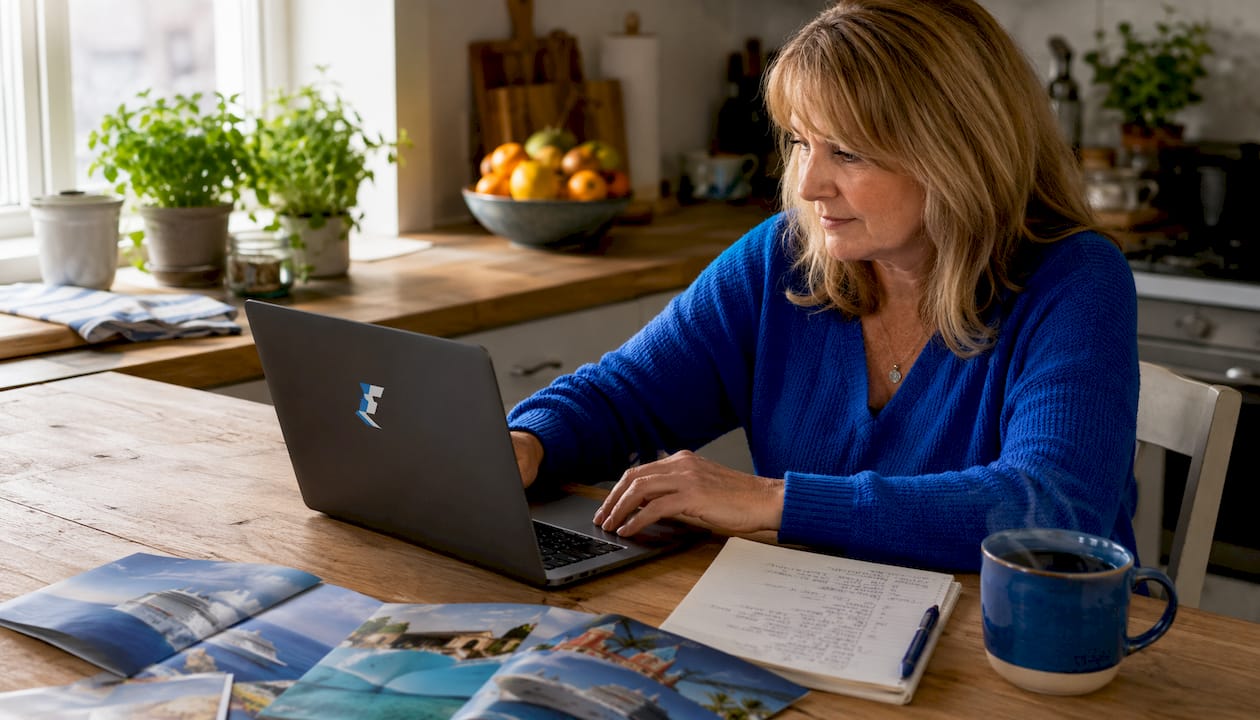 Woman planning cruise interactively at home