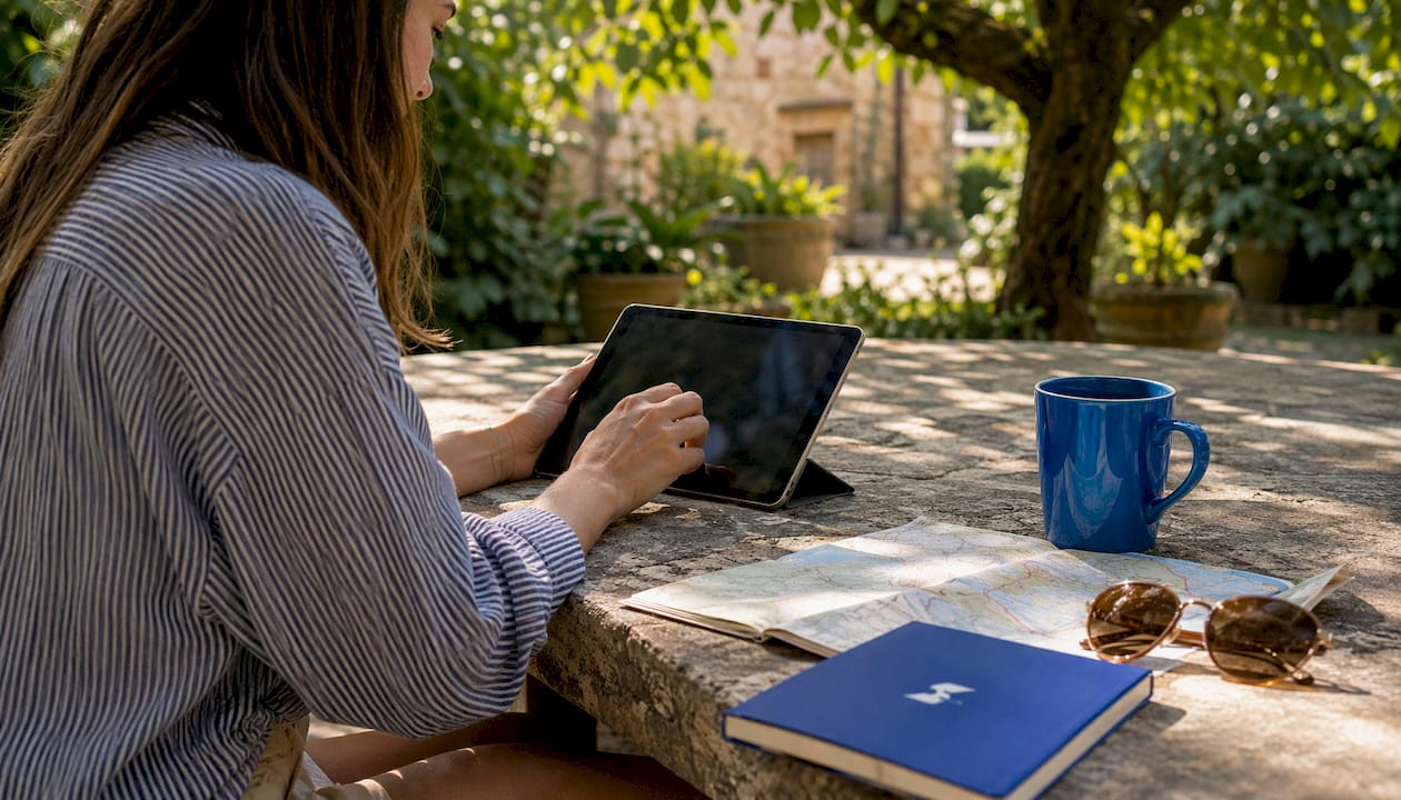 Hands using tablet for cruise itinerary planning