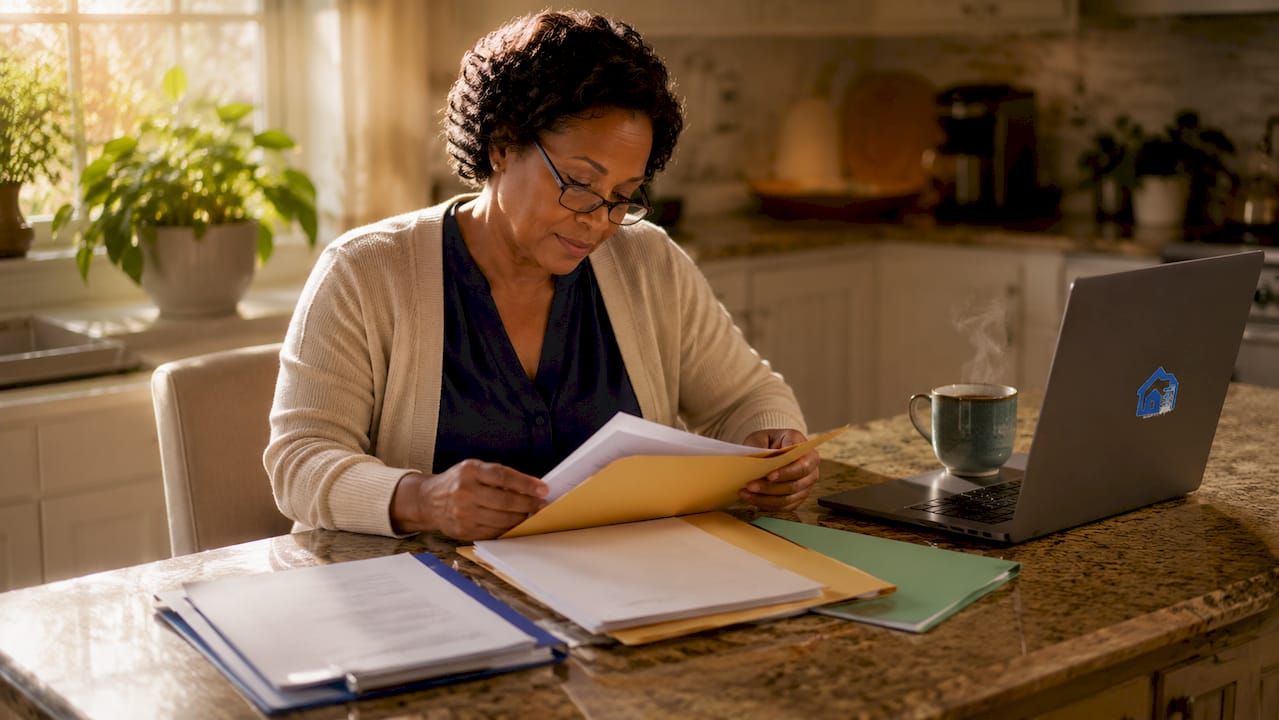 Landlord organizing lease documents at home