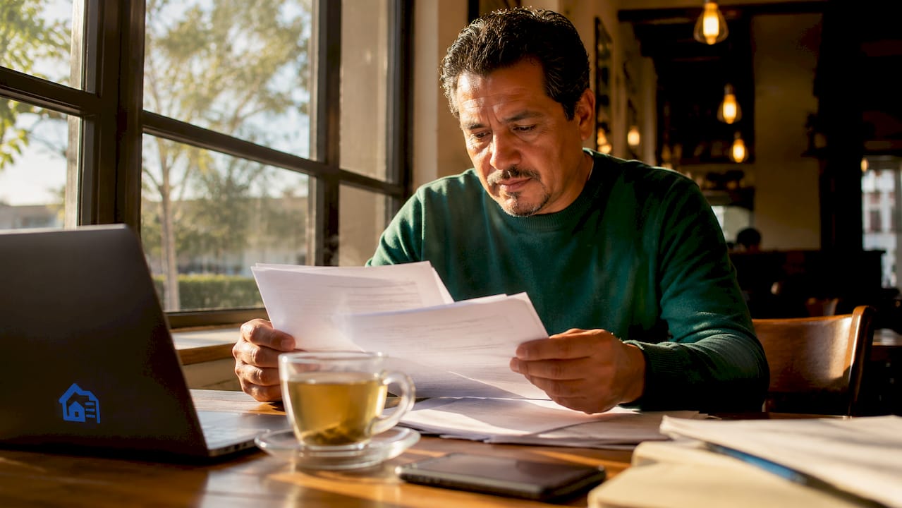 Landlord reviewing tenant letters at apartment