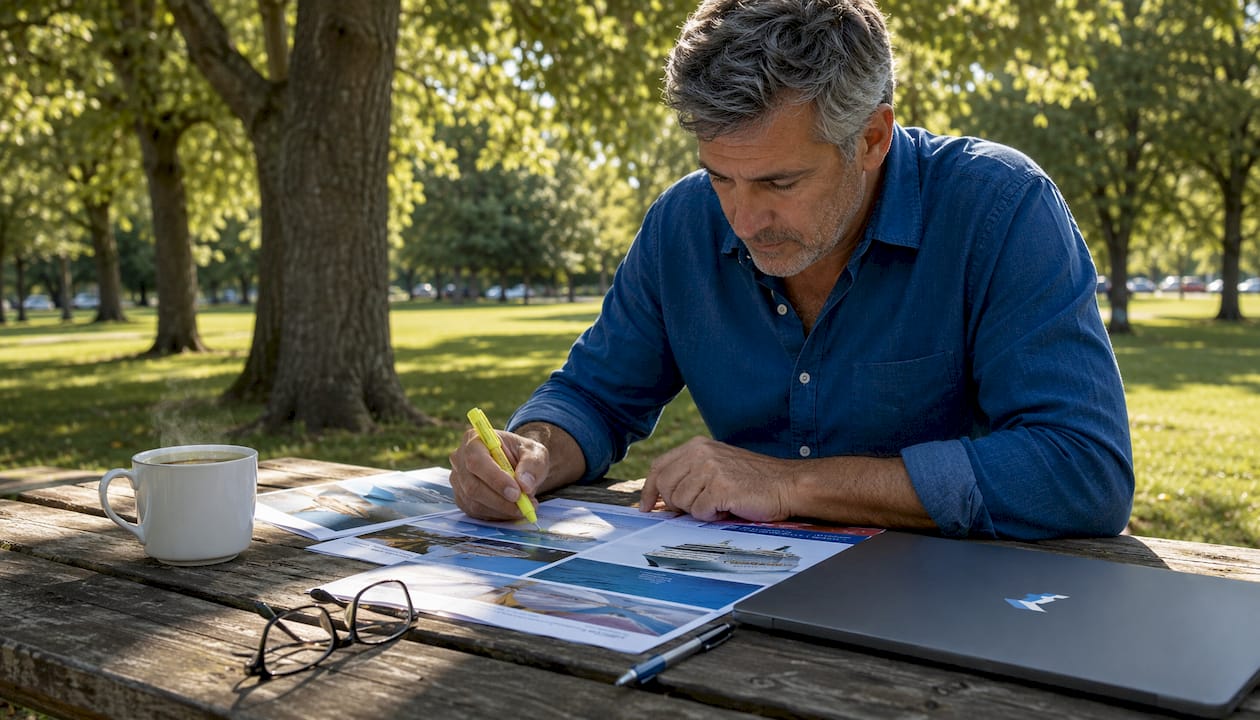 Man reviewing printed cruise deal brochures