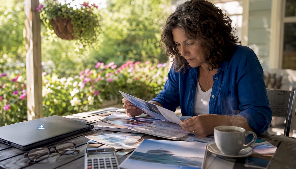 Woman planning cruise insurance at home table