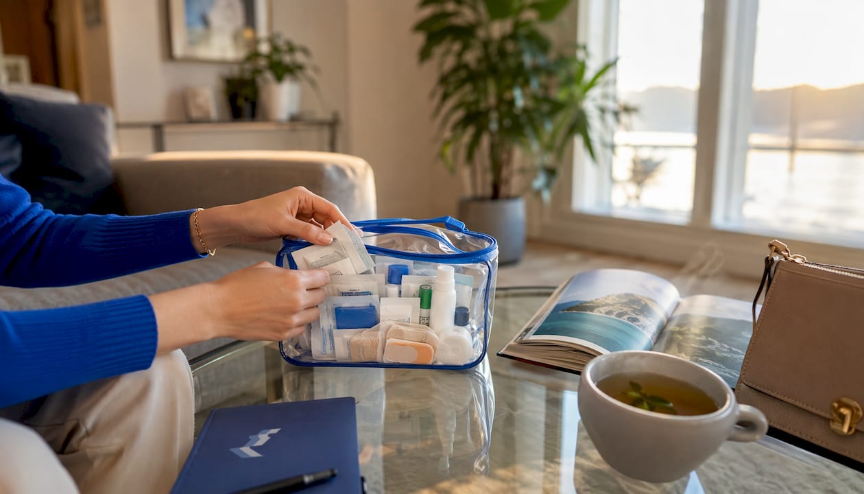 Hands holding travel medical kit on desk