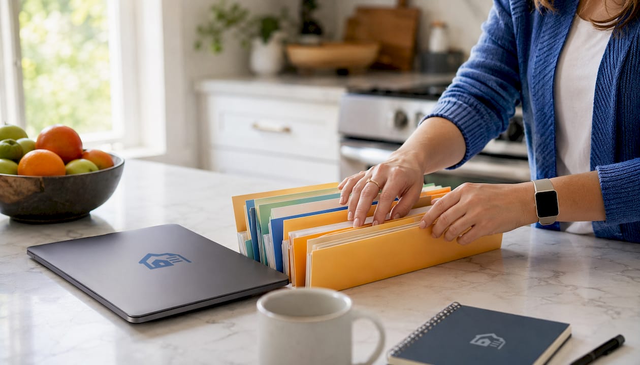 Hands organizing tenant folders on desk
