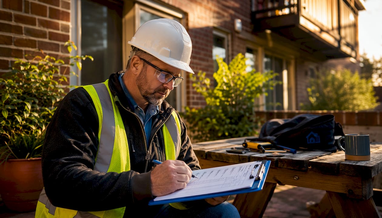 Inspector reviewing property checklist outdoors