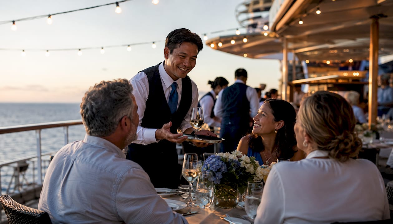 Cruise ship crew interacting with guests in dining room