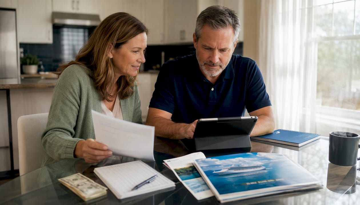 Couple reviewing cruise tipping budget at home
