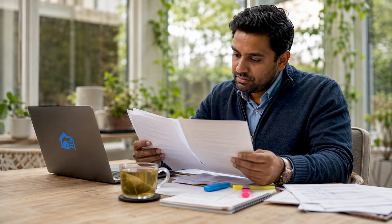 Man reviewing printed tenant notices in office