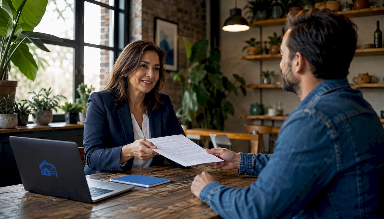 Landlord handing acknowledgment form to tenant