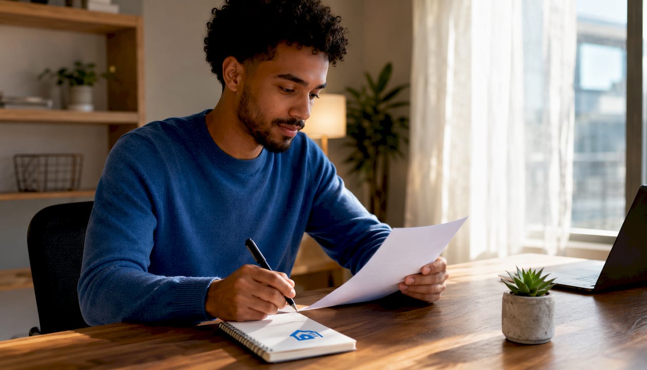 Tenant signing acknowledgment form at kitchen table