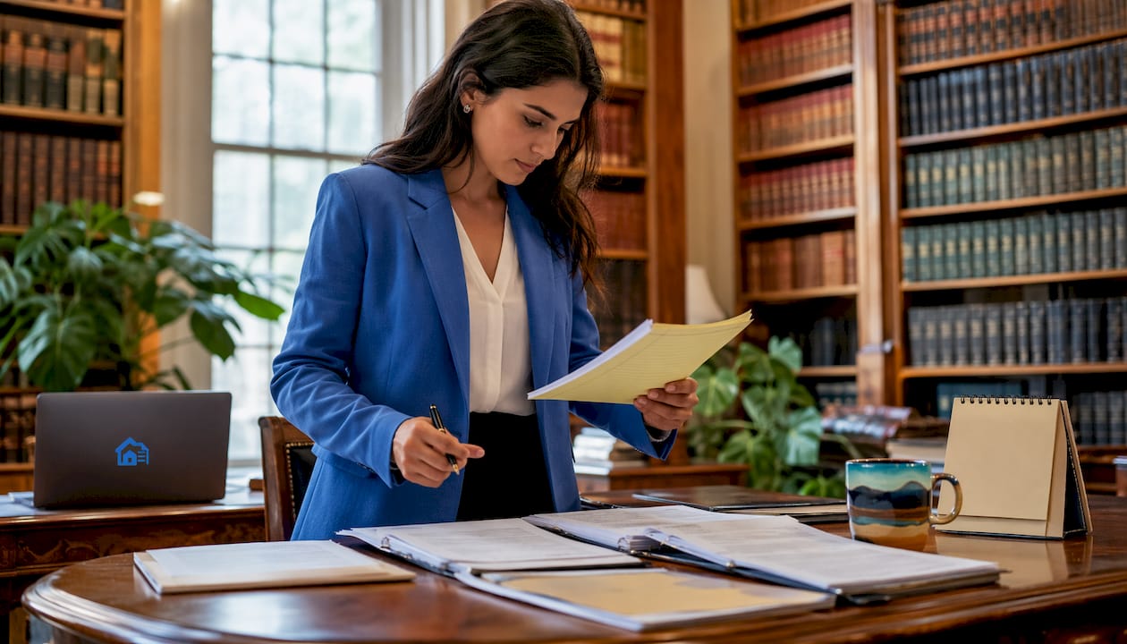 Property manager reviewing lease documents at desk