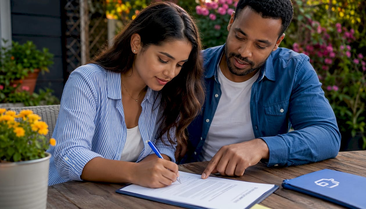 Tenant couple signing rental lease agreement