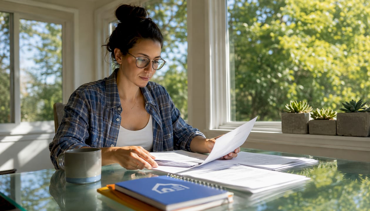 Landlord organizing rental property paperwork at home table