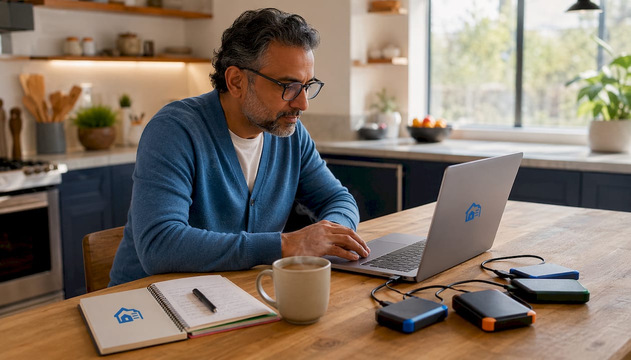 Landlord backing up rental records digitally in home office