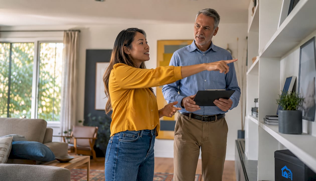 Tenant and landlord discussing inspection details in kitchen