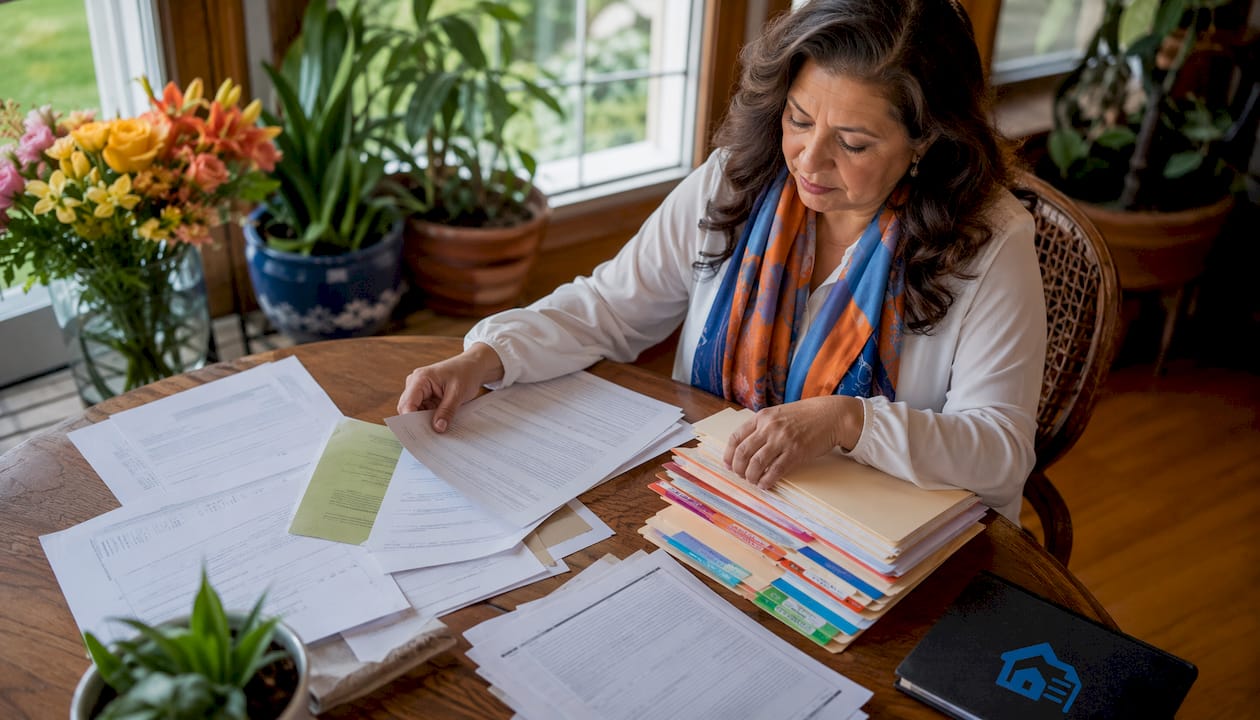 Landlord organizing tenant paperwork at desk