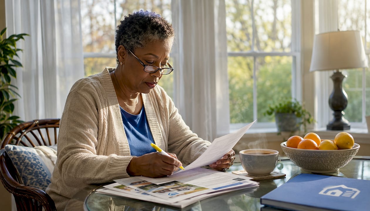 Landlord reviewing a written lease at kitchen table