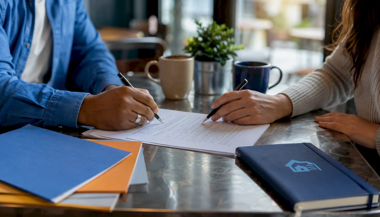 Hands signing a lease document on desk