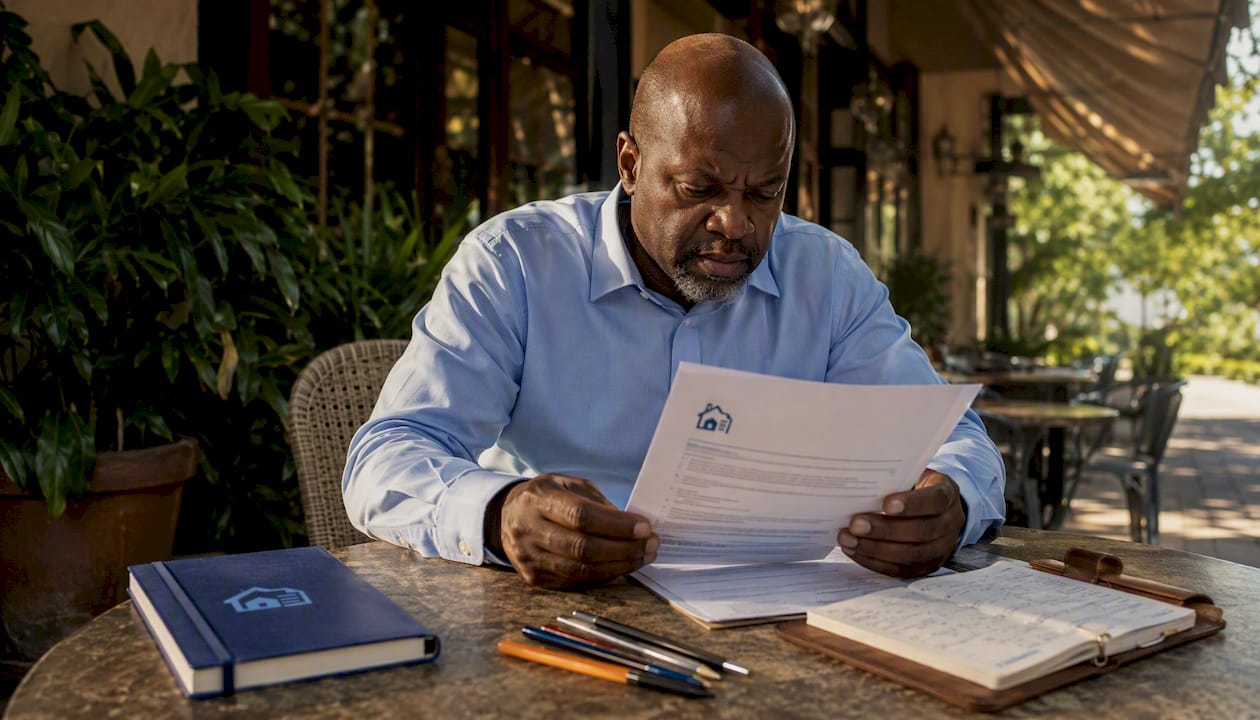 Landlord reviewing lease purchase agreement papers