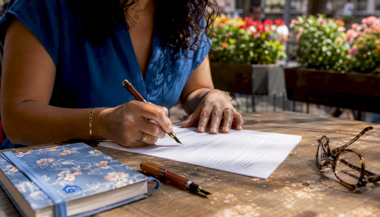 Overhead of hands signing rental lease document