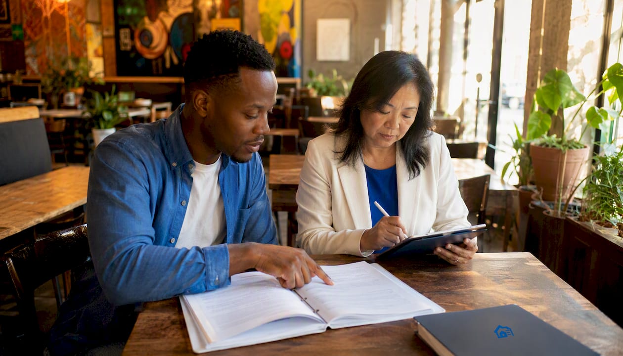 Two landlords reviewing lease templates together