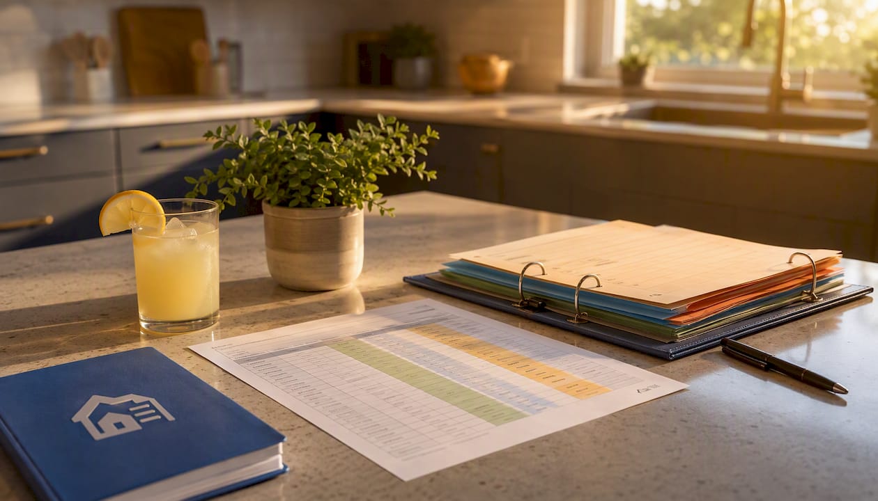 Spreadsheet and banking app on desk overhead