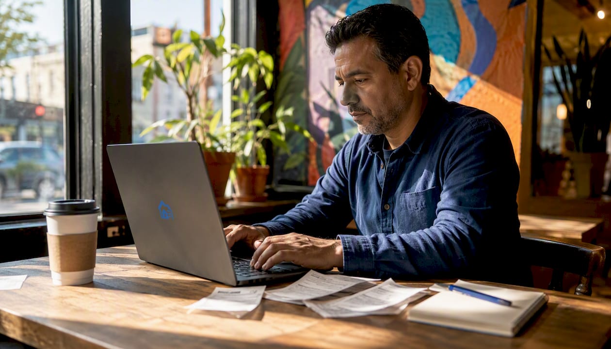 Landlord entering rent payments in home office