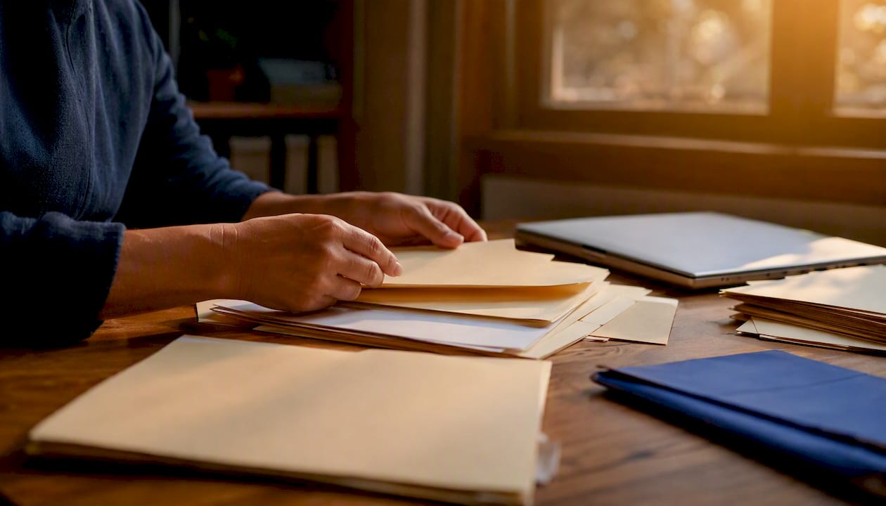 Hands sorting lease packet folders