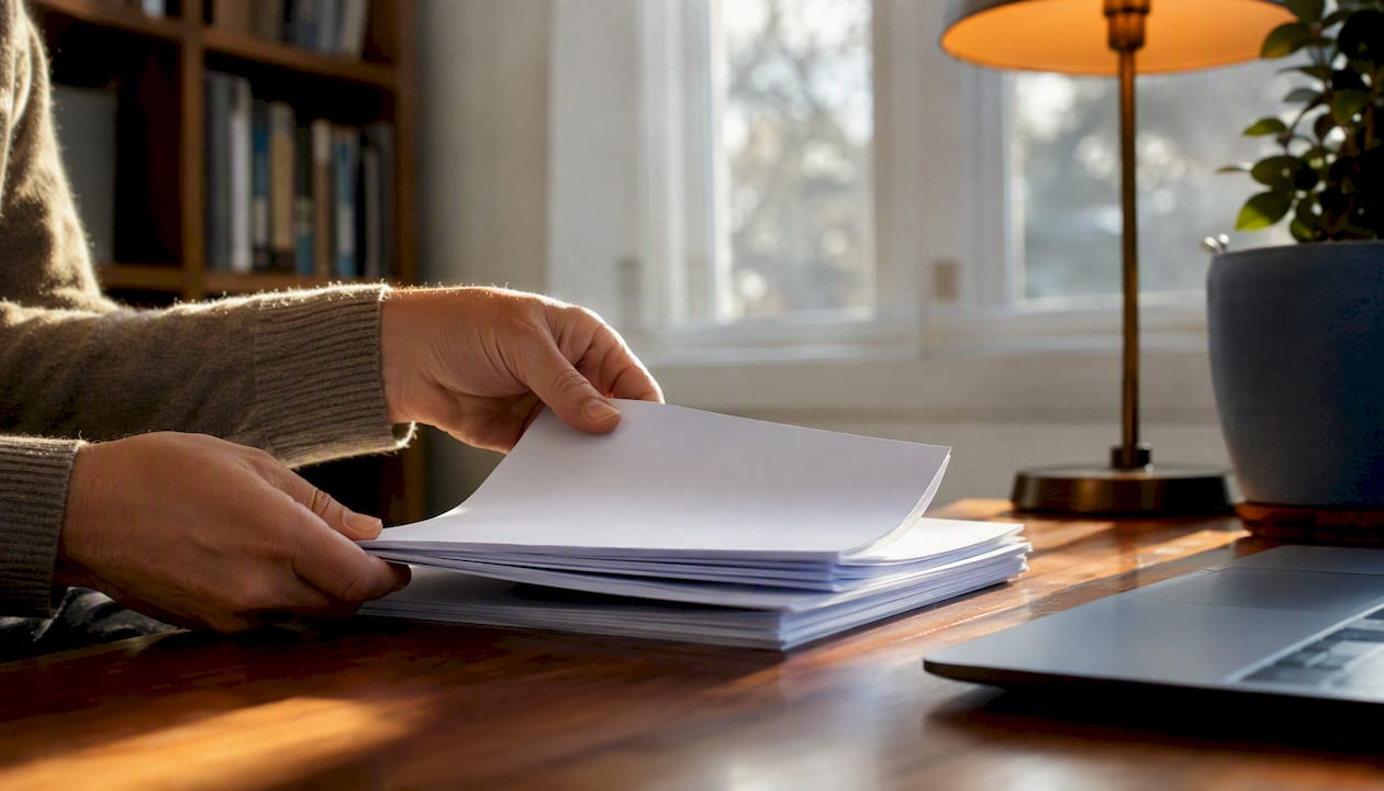 Hands organizing tenant documents at desk