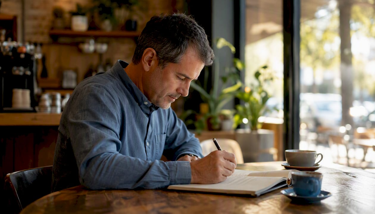 Hand marking rent ledger at desk