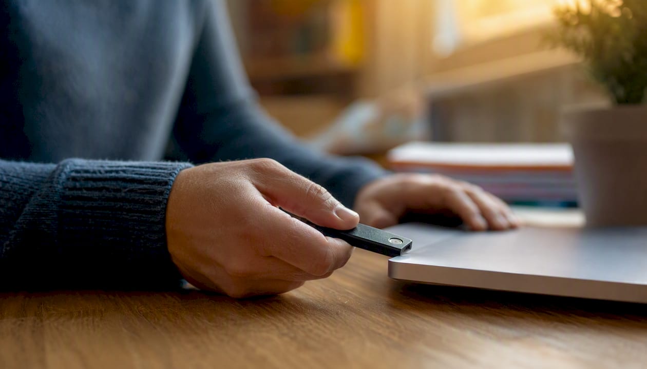 Hands inserting USB security token into laptop
