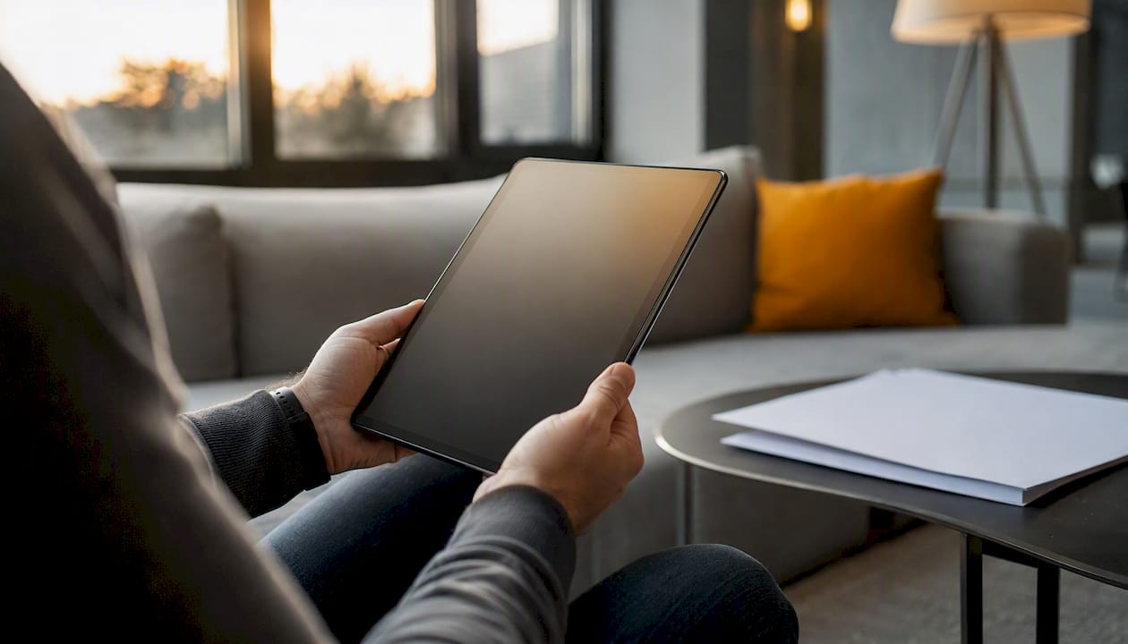 Landlord holding tablet with dark screen